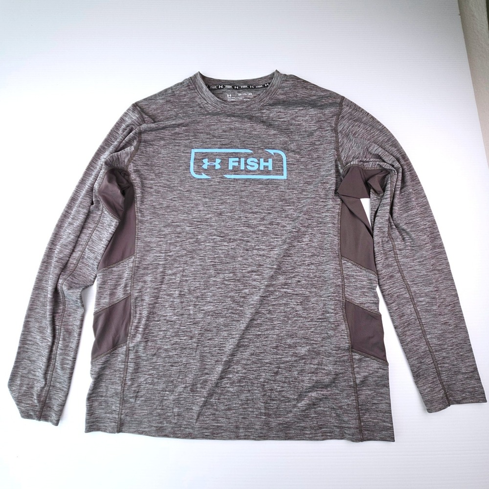 Under Armour Fish HeatGear Long Sleeve Shirt Mens 2XL Grey Heathered Graphic